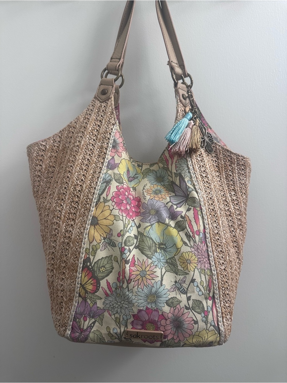 Sakroots Floral Canvas & Woven Tote in Natural with Multicolor Floral Print